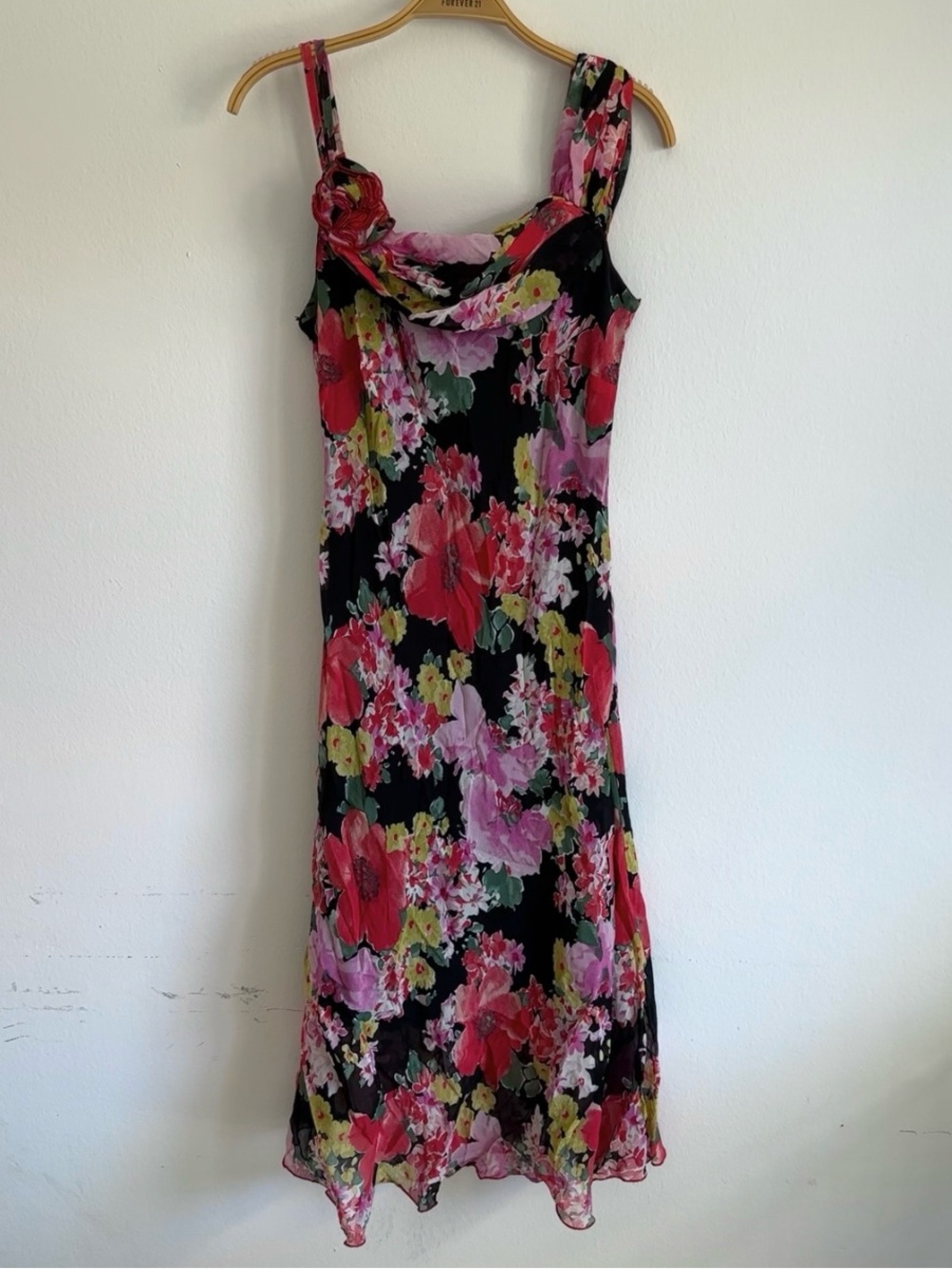 Vintage El Corte Ingles Dress Maxi Midi Floral Cottage Core Fairy Black Red Cowl